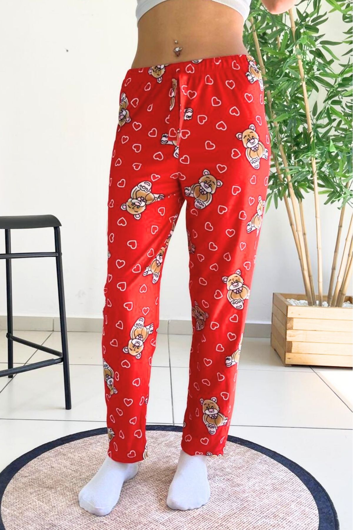 Farya Home-Pantaloni de pijama din piele intoarsa cu model de ursuleti texturat din catifea moale 1