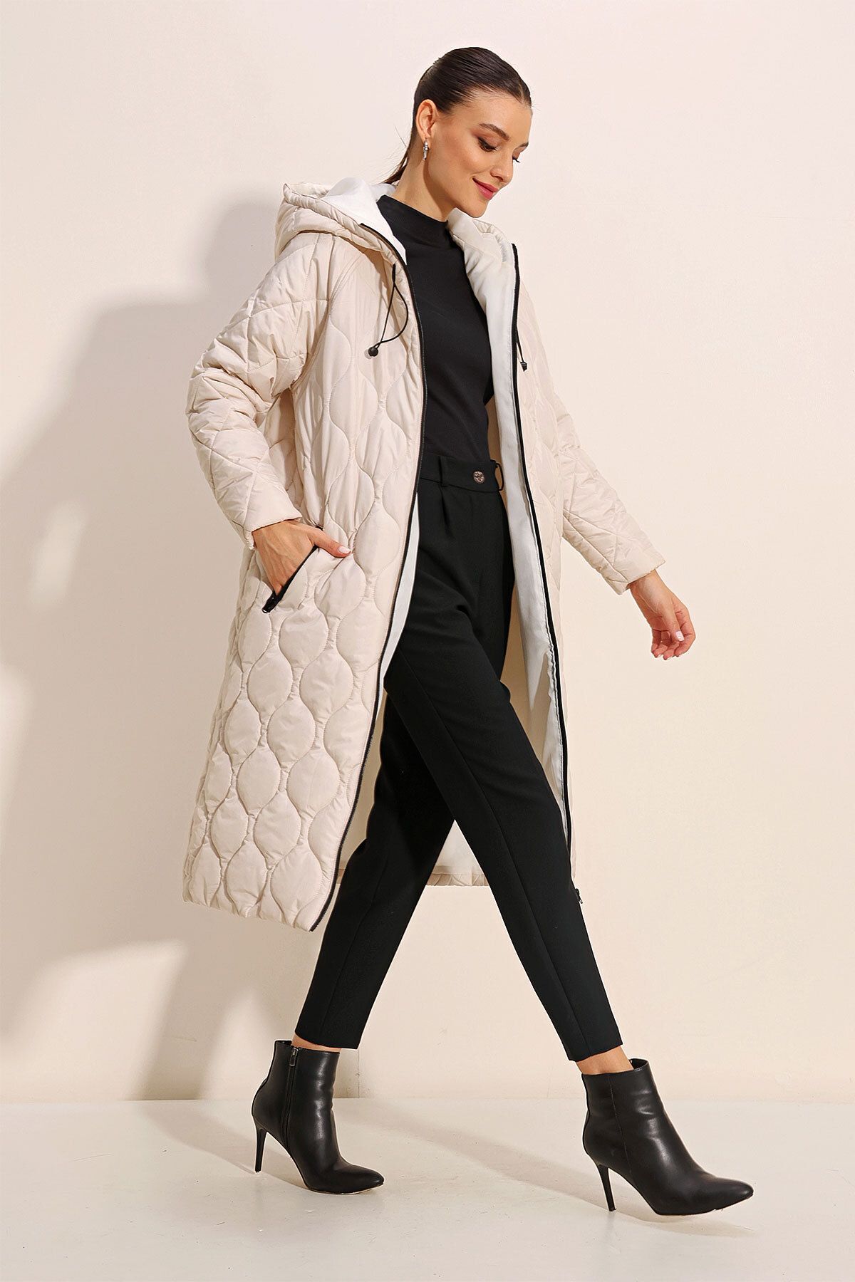 Bigdart-5177 Long Quilted Hooded Coat - Ecru 2