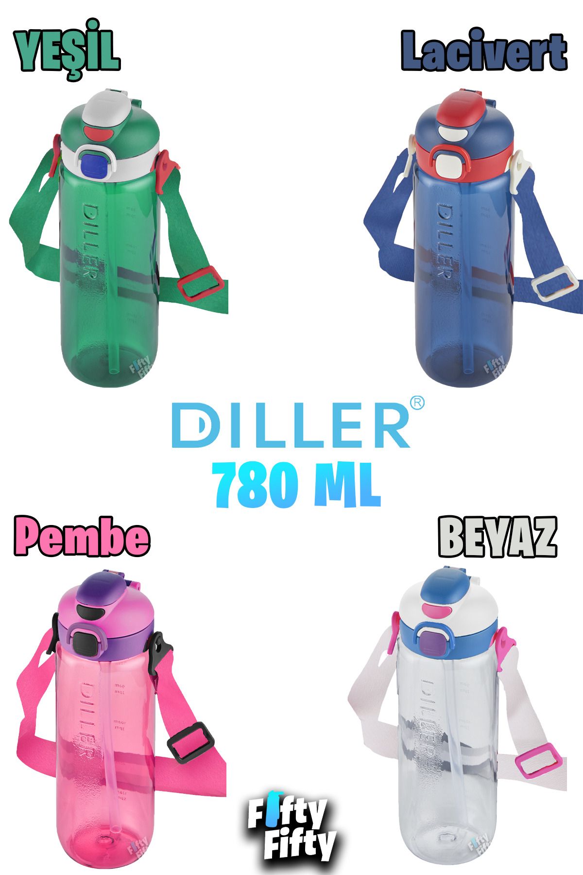 DILLER-780 ml Single Lid Double Use Tritan Water Bottle With/Without Straw Strap-D68Dillertritan780 5