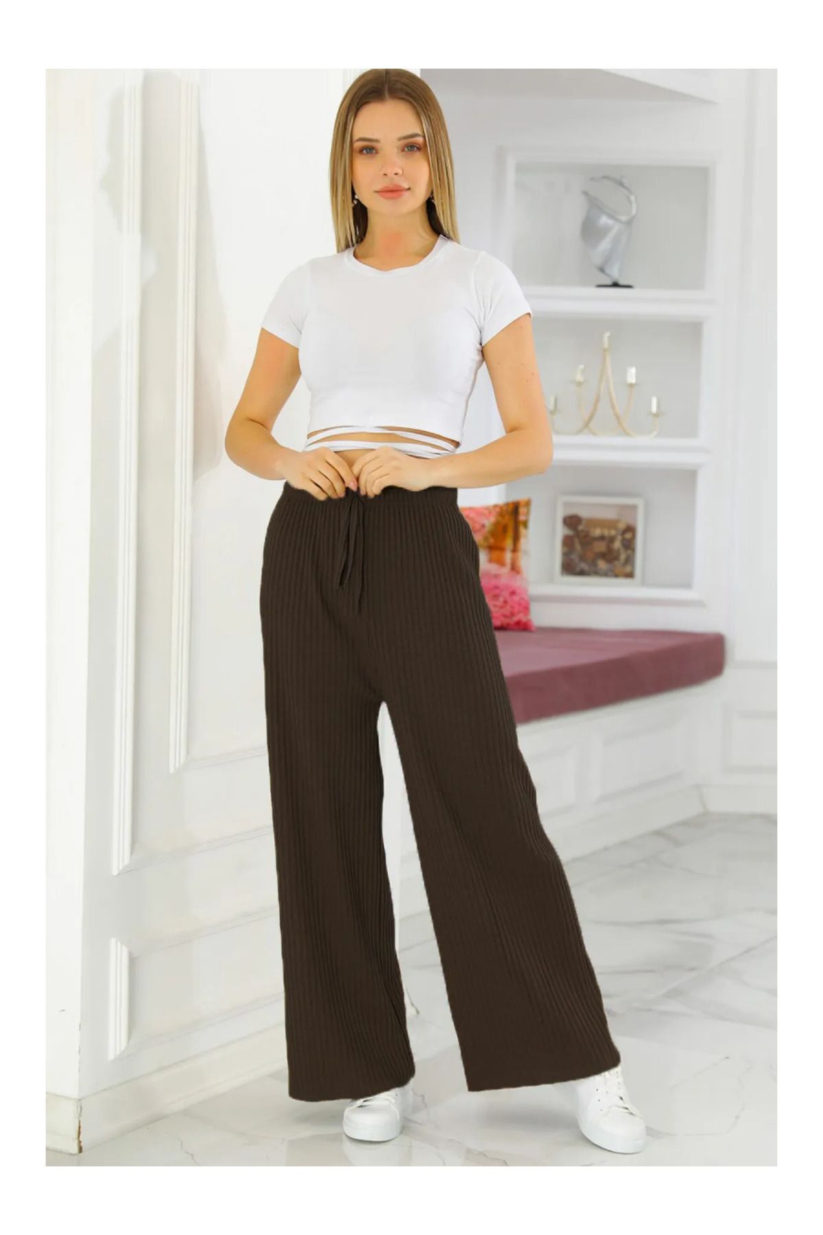 SİERNA Kadın Kışlık Kalın Fitilli Kaşkorse Pijama Altı Eşofman Altı Cepsiz Kahverengi srn-004223