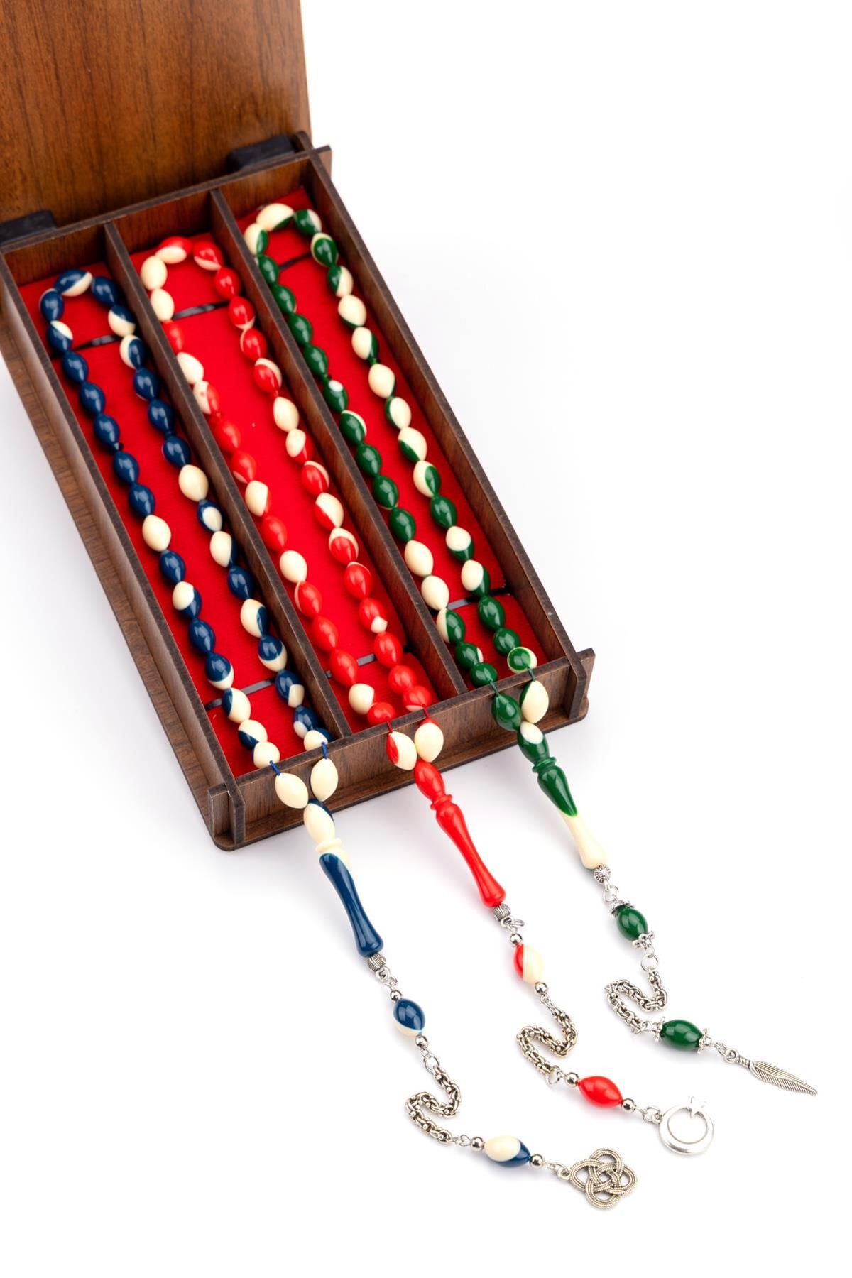 3-Piece Powder Amber Billiard Rosary Set in Wooden Box