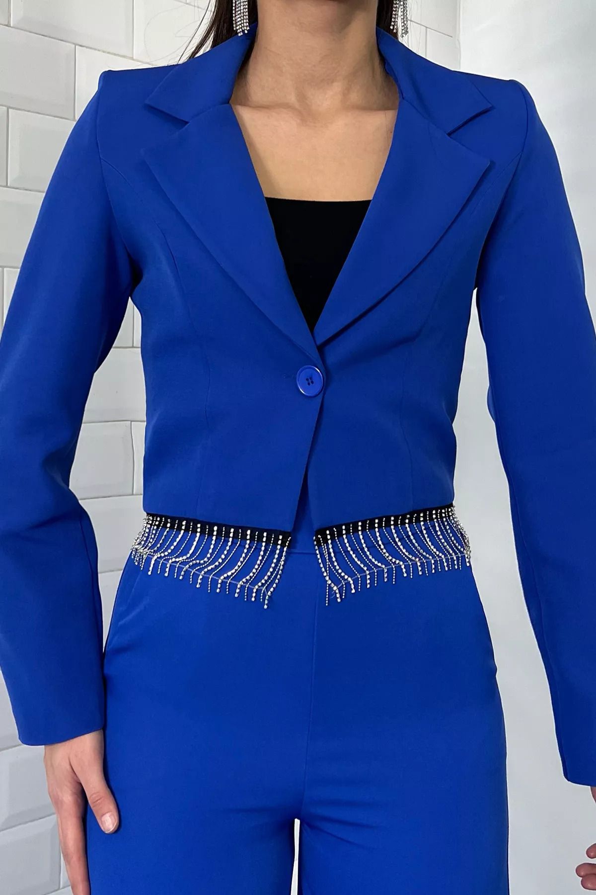 GÜLSELİ-Saks Blue Women's Leg Stoned Crop Blazer Jacket 2