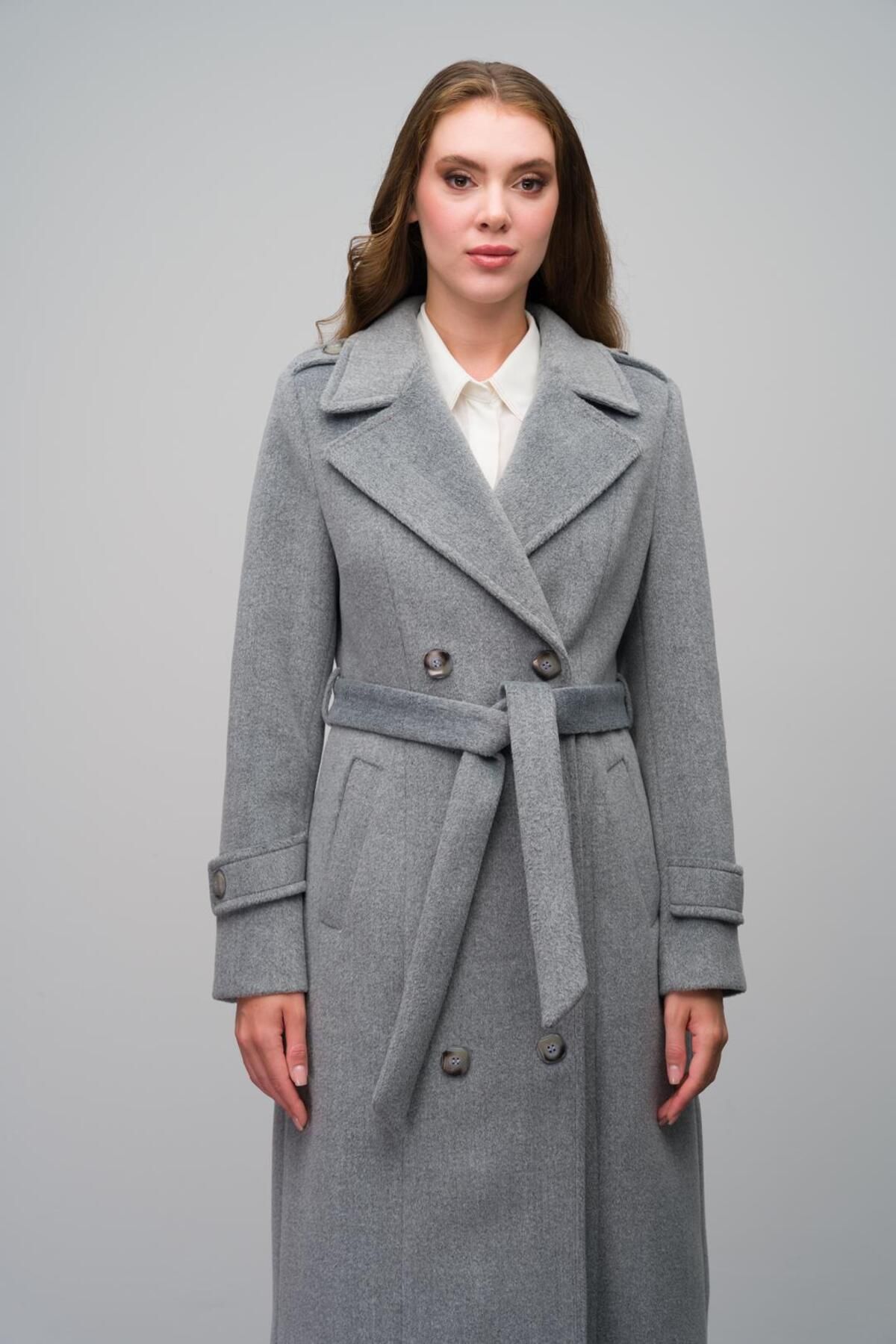 Olcay-Long Length Double Breasted Coat - Epaulet Detailed, GREY 3056 2