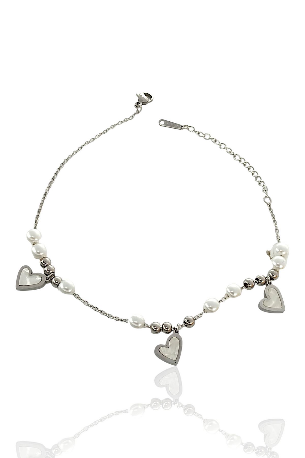 Çlk Accessories-Pearl and Heart Patterned 2 Row Steel Anklet 2