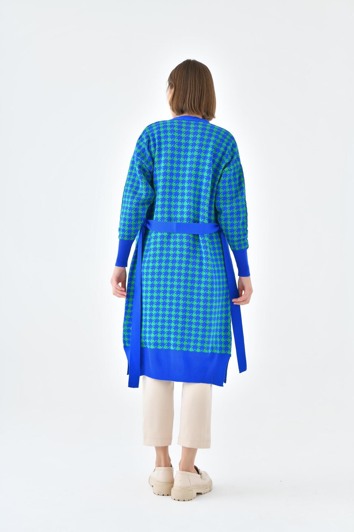 FTZ WOMEN-Dámský Houndstooth vzorovaný knoflík s detailním dlouhým svetříkem Saks Blue 20528 7