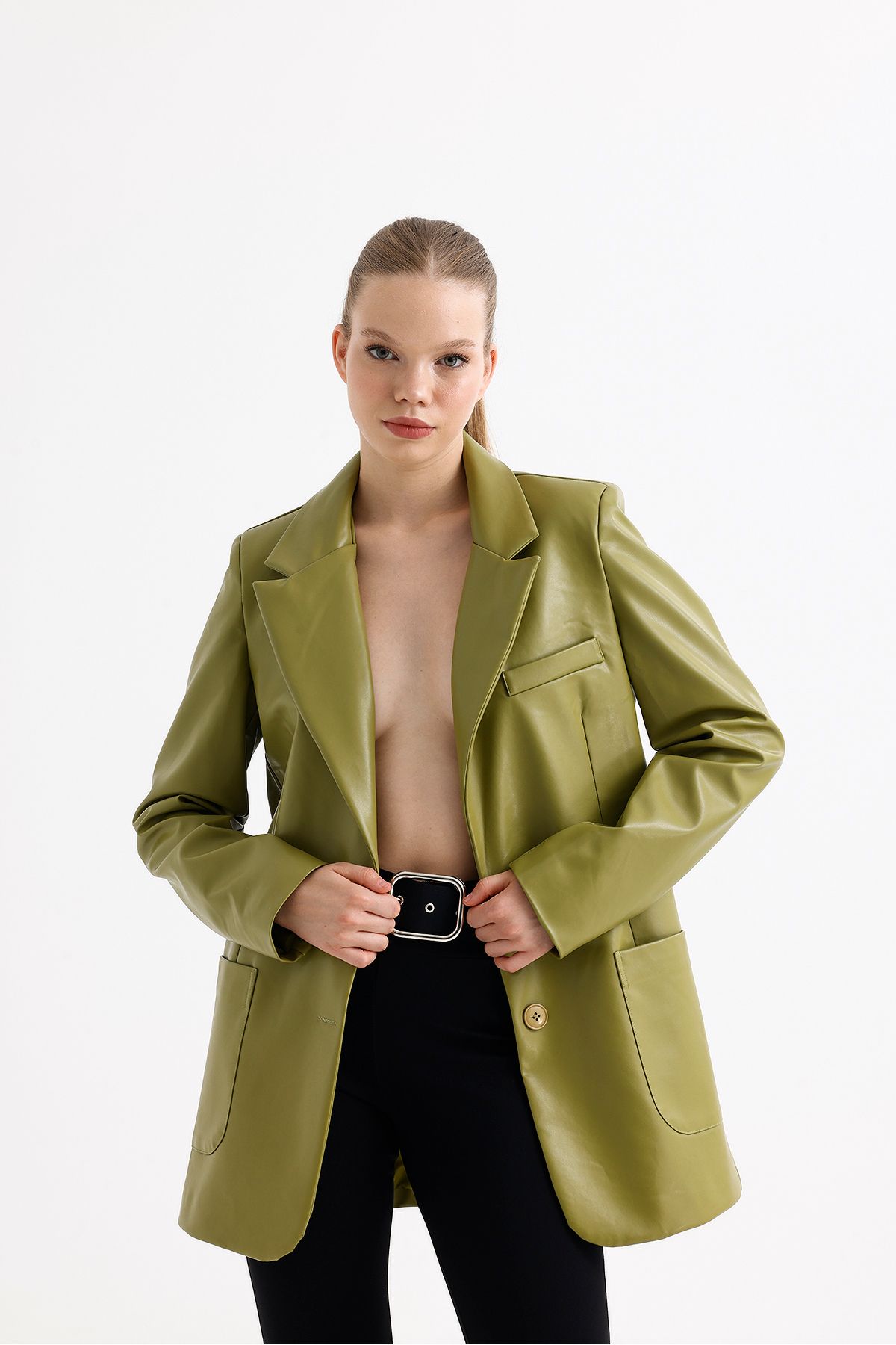 Sense-Women's Faux Leather Jacket |   Ckt33554 Oil Green 3