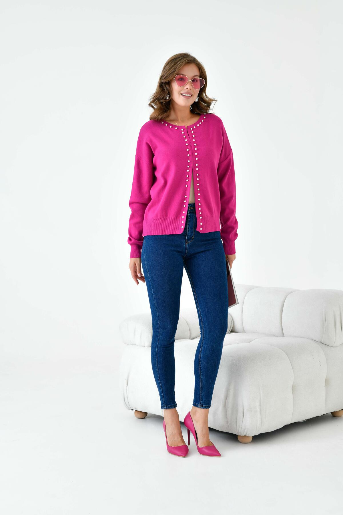 FTZ WOMEN  Kadın İnci Detaylı Hırka Fuşya 20808 - Görsel 5