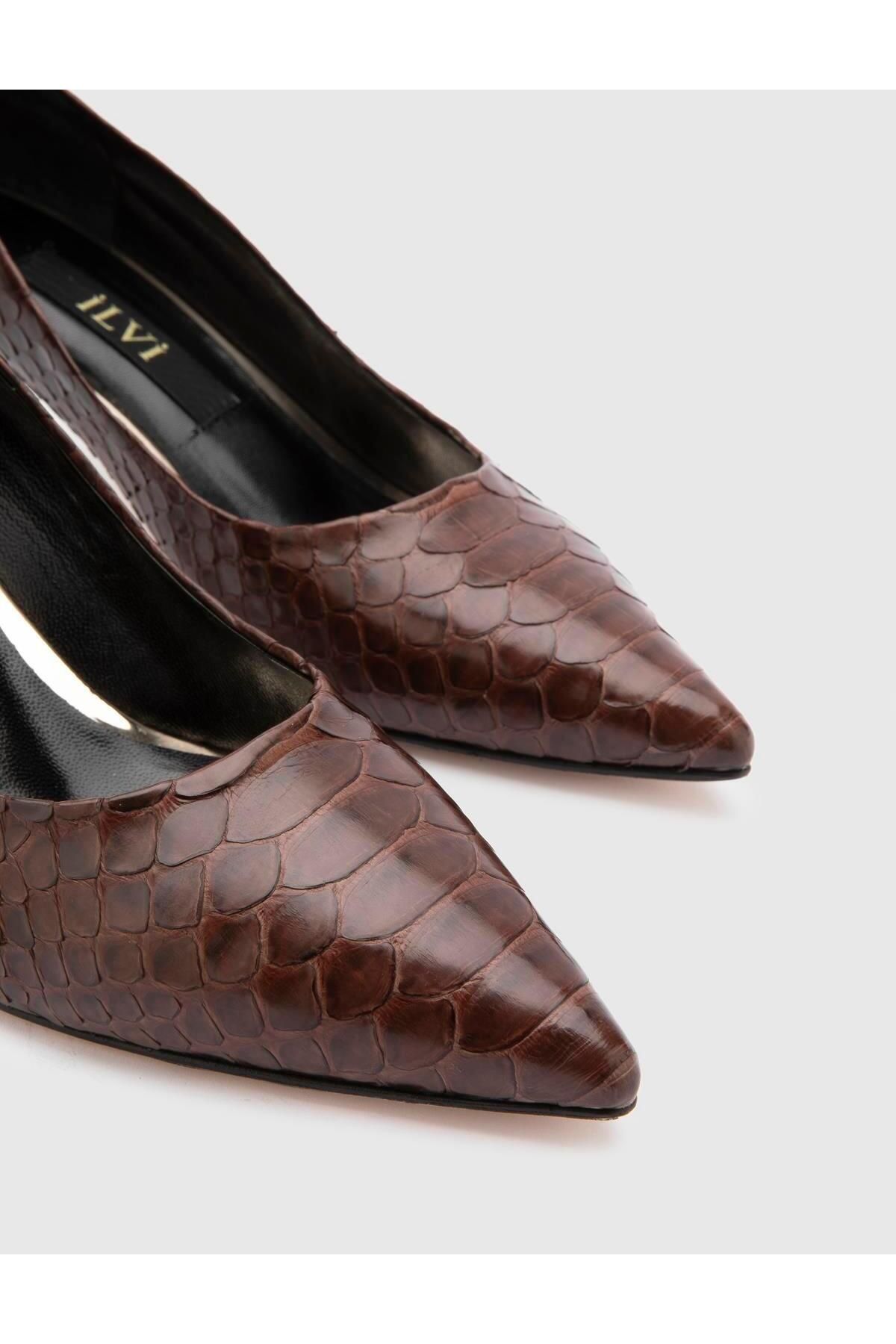 İLVİ-Sarh Genuine Snake Leather Women's Brown Heeled Shoes 2