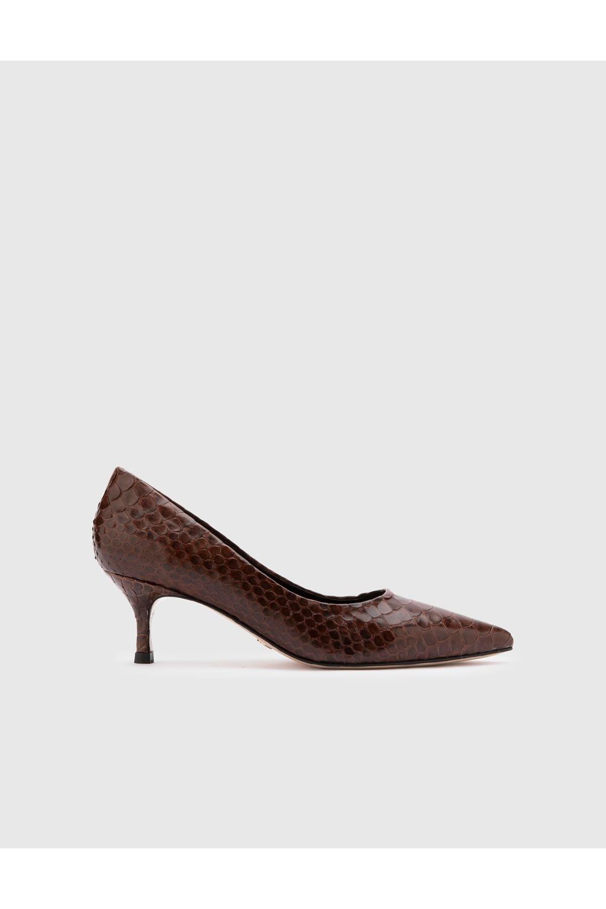 İLVİ-Sarh Genuine Snake Leather Women's Brown Heeled Shoes 3