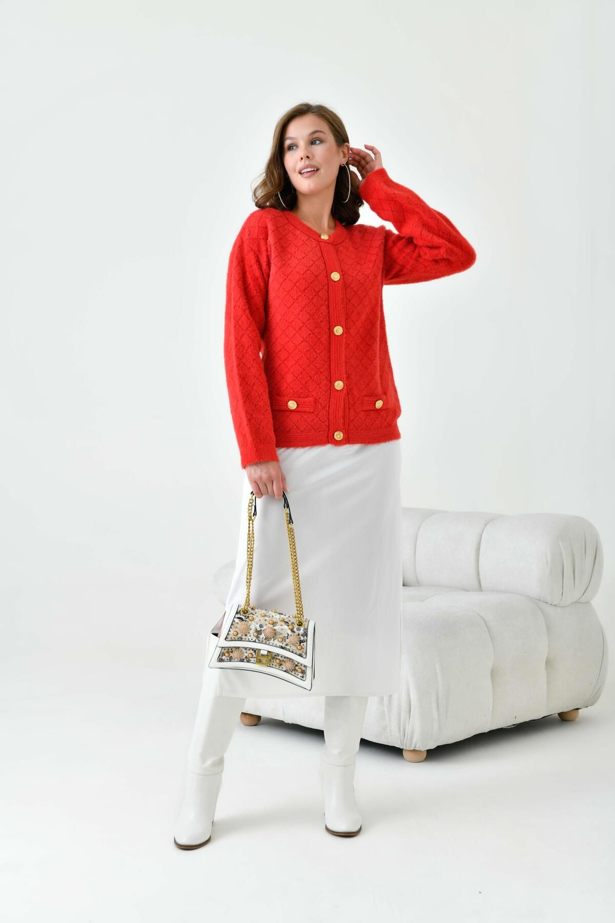 FTZ WOMEN-Ftz Red Women's Cardigan - Gold Button Detail, Model 20700 6