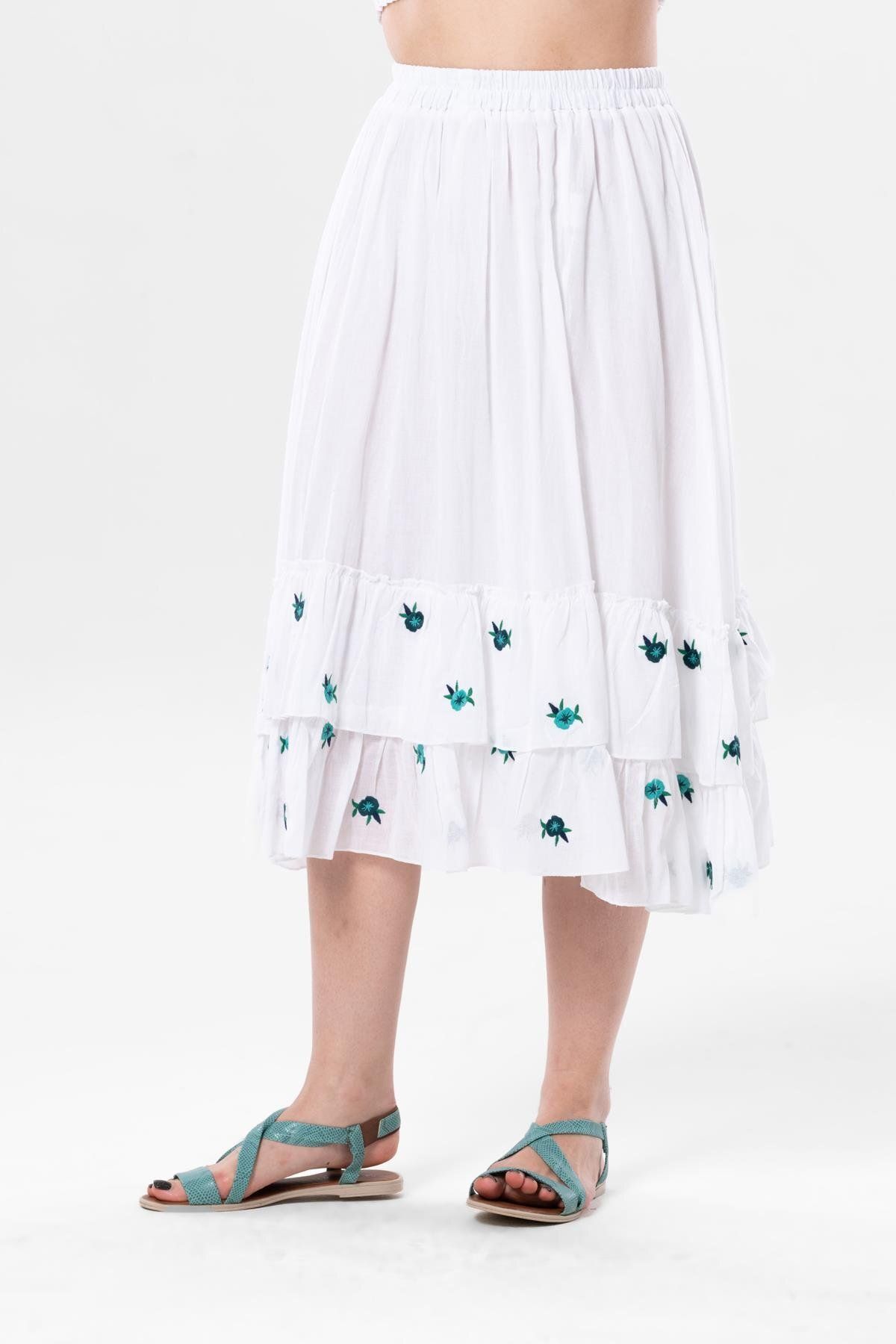 Eliş Şile Bezi-Lavinya Voile Embroidered Long Summer Skirt White Byz 5