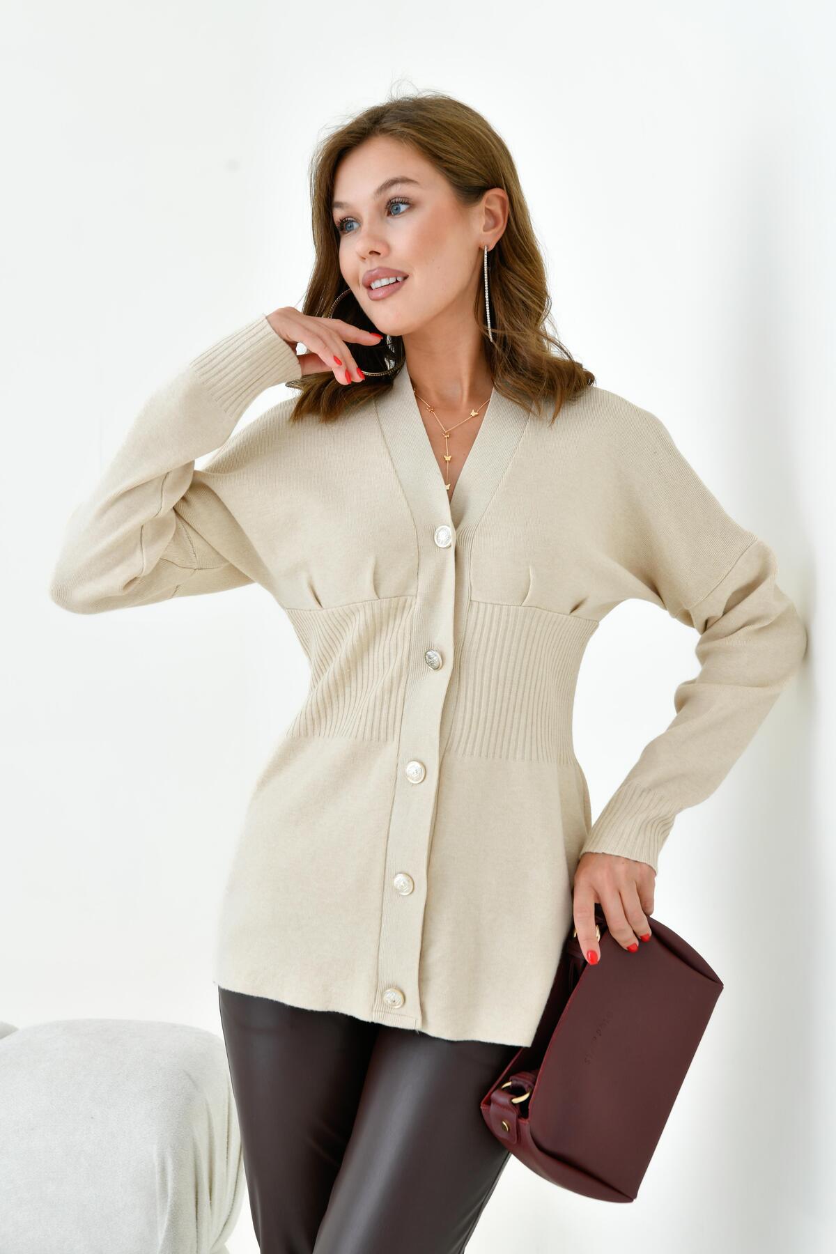 FTZ WOMEN  Kadın Düğme Detaylı Hırka Bej 20910 - Görsel 5