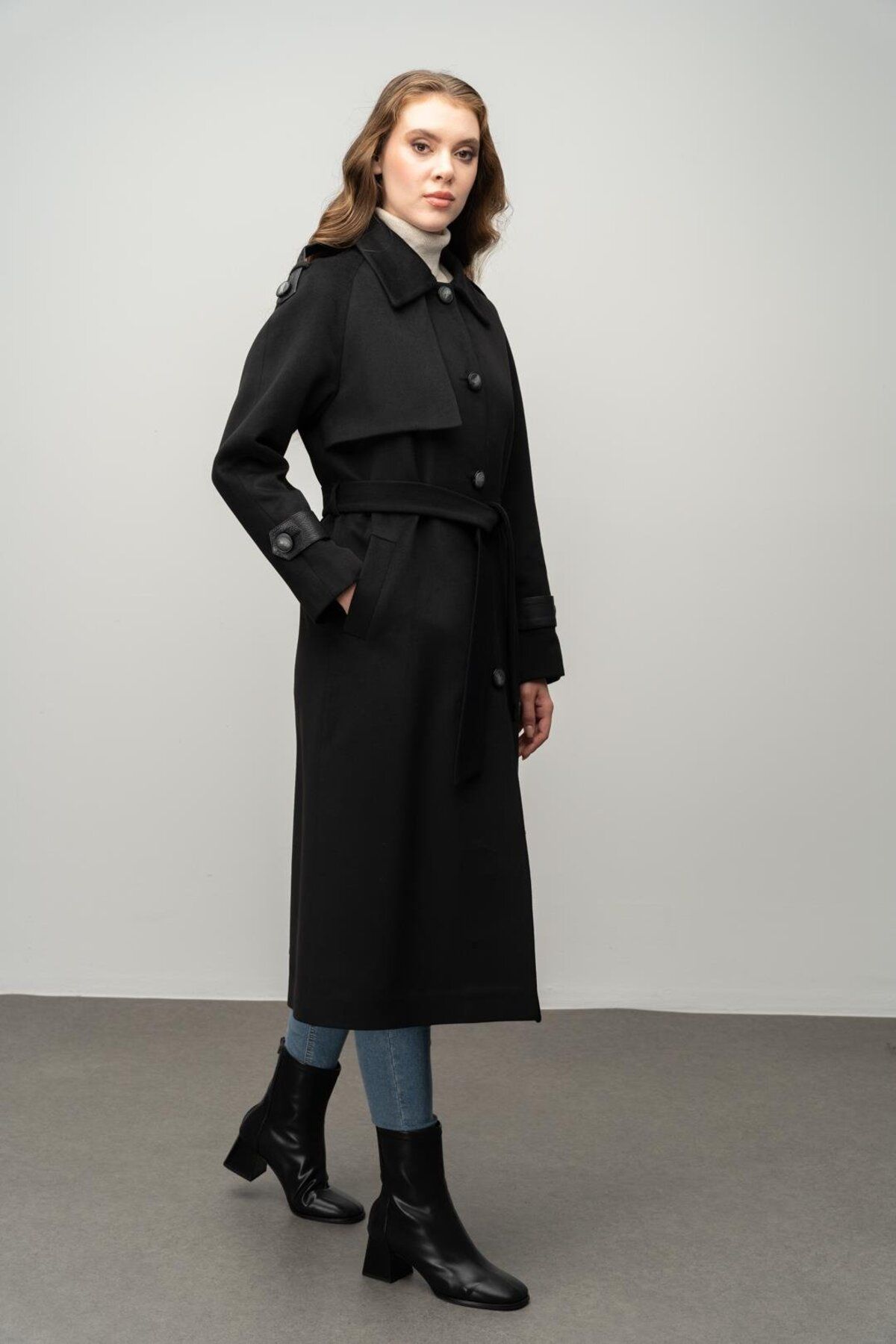 Olcay-Black Cashmere Coat - Genuine Leather, Intermediate Length, Waist Tied 3030-K 1