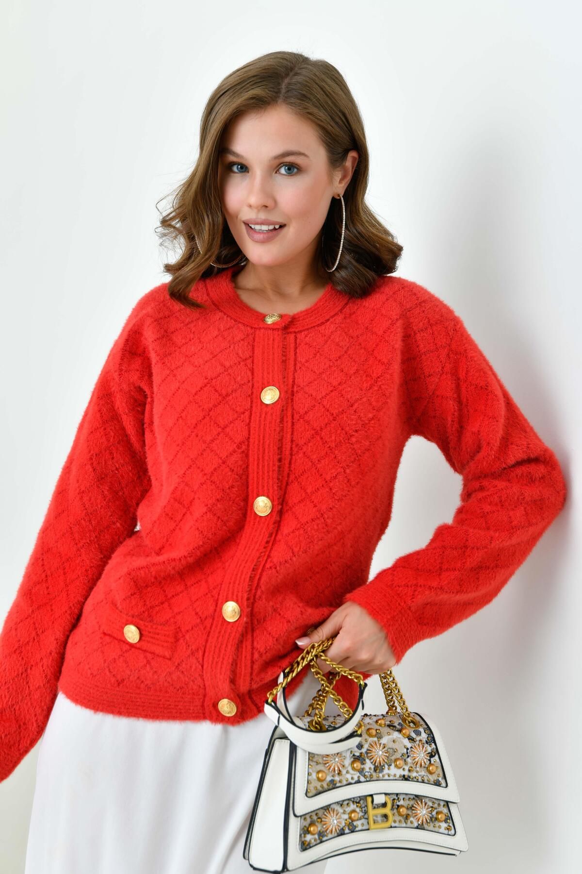 FTZ WOMEN-Ftz Red Women's Cardigan - Gold Button Detail, Model 20700 3