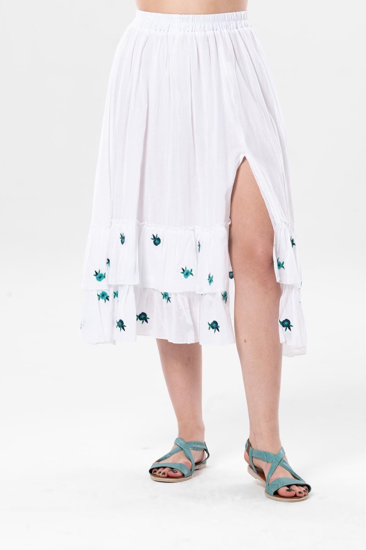 Eliş Şile Bezi-Lavinya Voile Embroidered Long Summer Skirt White Byz 1