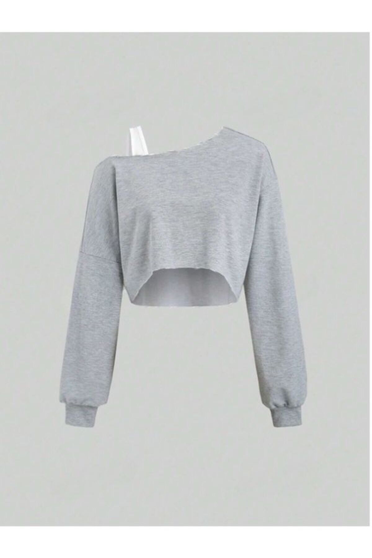 Kadın Tek Omuz Kalın Askılı Oversize Crop Sweatshirt