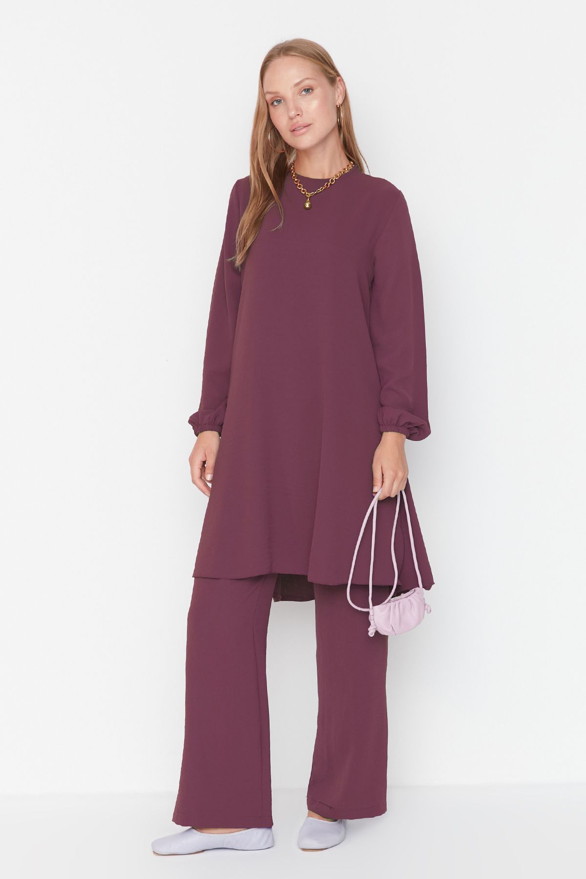 Trendyol Modest-Υφαντό κοστούμι Aerobin - Βαμβακερό μανίκι, ελαστικό φαρδύ πόδι, τουνίκ και παντελόνι TCTSS22US0023 2