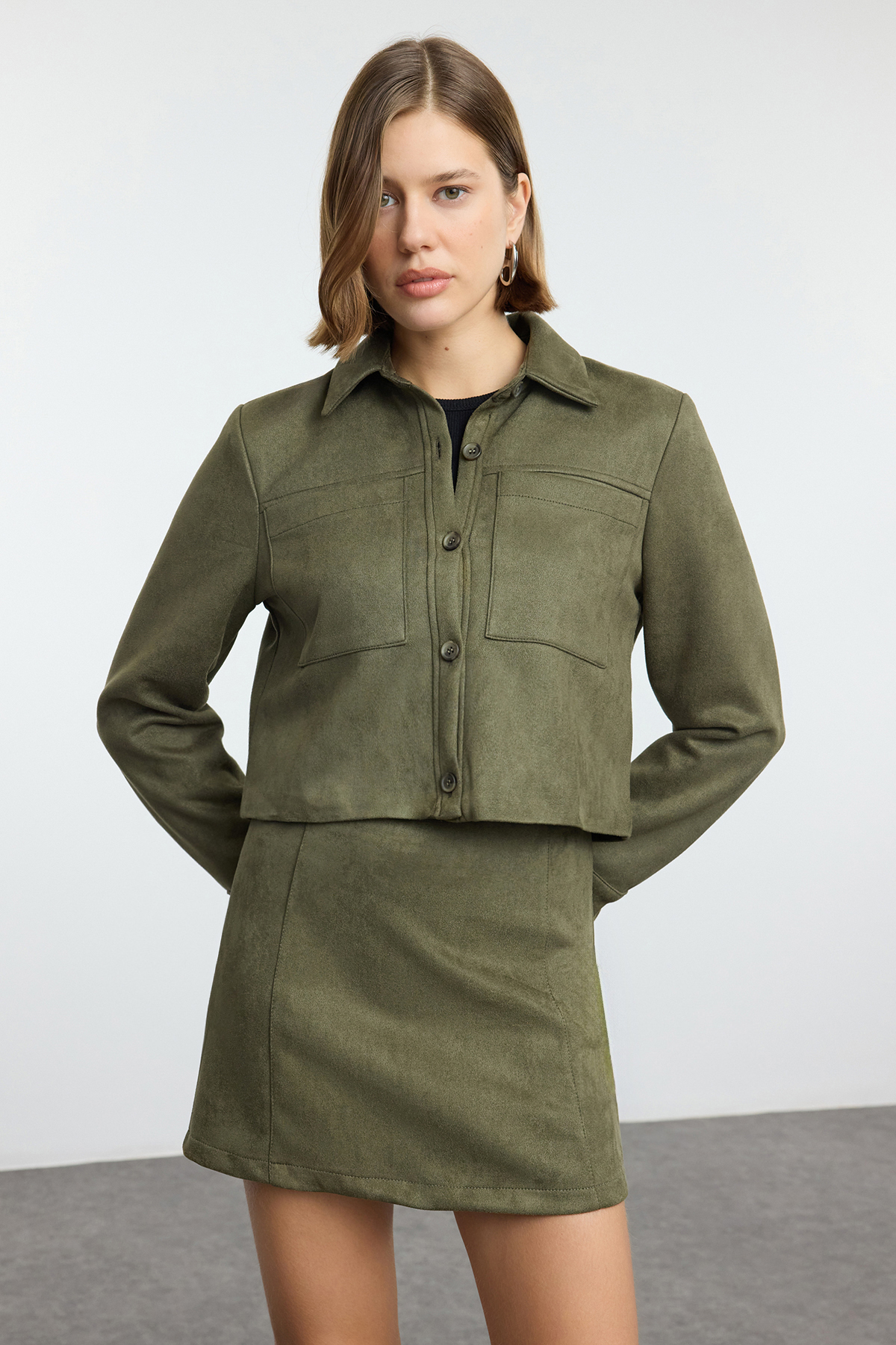 Trendyol Collection Khaki Pocket Detailed Suede Fabric Crop Woven