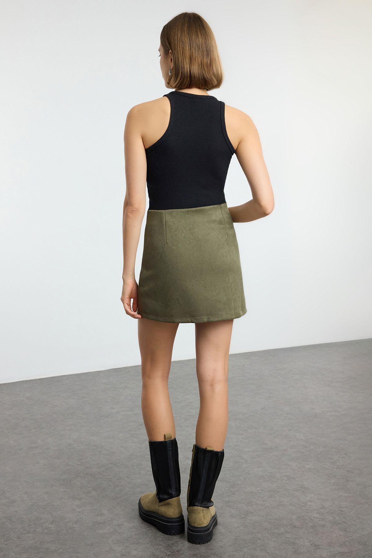 Trendyol Collection-Spódnica mini z tkaniny zamszowej w kolorze khaki w kształcie litery A, tkana TWOAW25ET00117 5