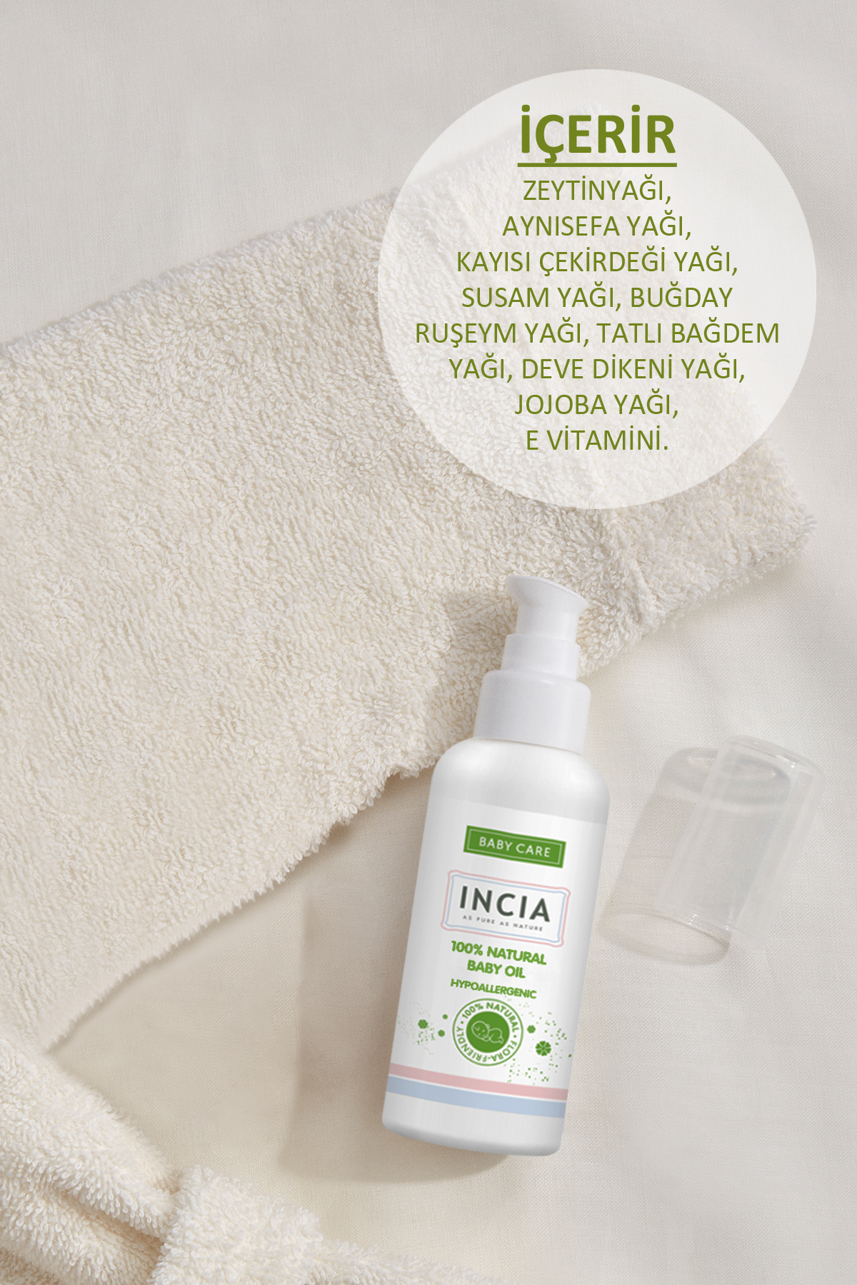 INCIA %100 Doğal Pişik Önleyici Jel Krem 60 ml & %100 Doğal Bebek Yağı Organik Masaj Yağı 110 ml Set fotoğrafı 4 (önizleme)