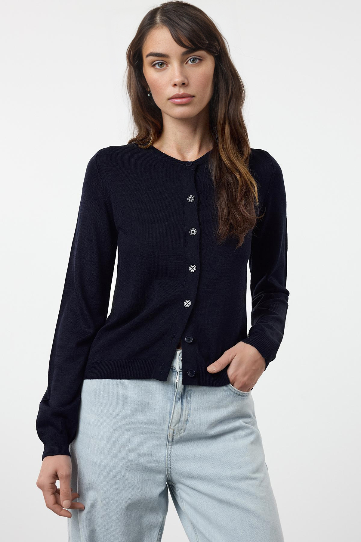 Trendyolmilla  Lacivert-Gri İkili Paket Bisiklet Yaka Triko Hırka TWOAW25HI00344 - Görsel 2