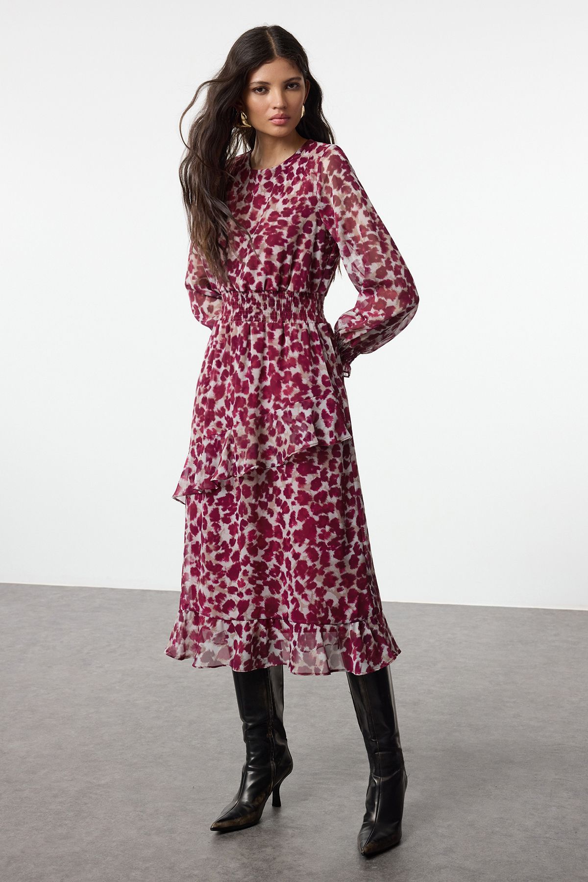 Trendyol Collection Sukienka Midi Zimowa - Czerwona, Z Falbankami, Podszewka I Tkany Szyfon Twoaw25el00335 Kobieta - 36