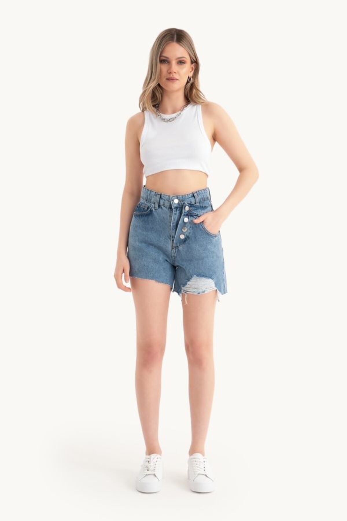 Hiccup-Double Layer Denim Shorts with High Waist and Button Detail 4