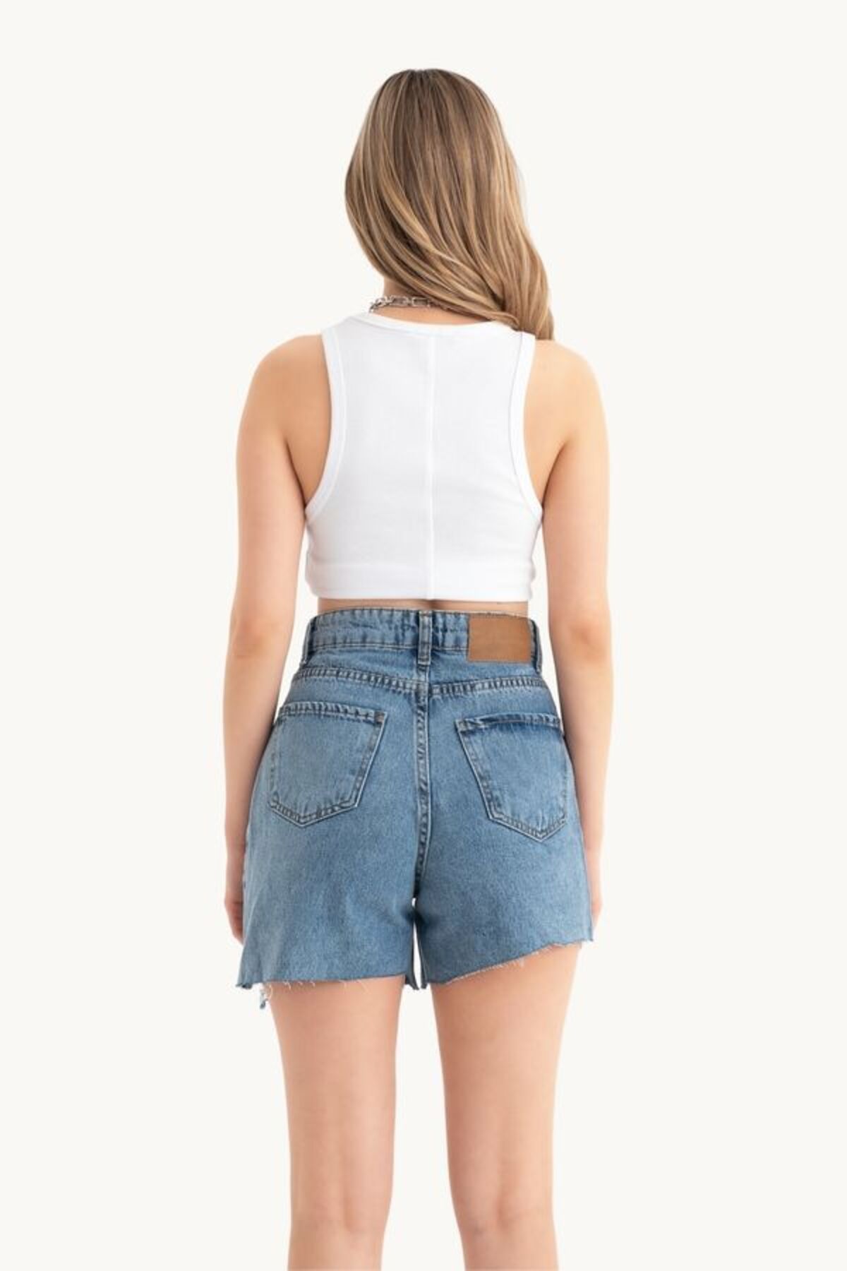 Hiccup-Double Layer Denim Shorts with High Waist and Button Detail 3
