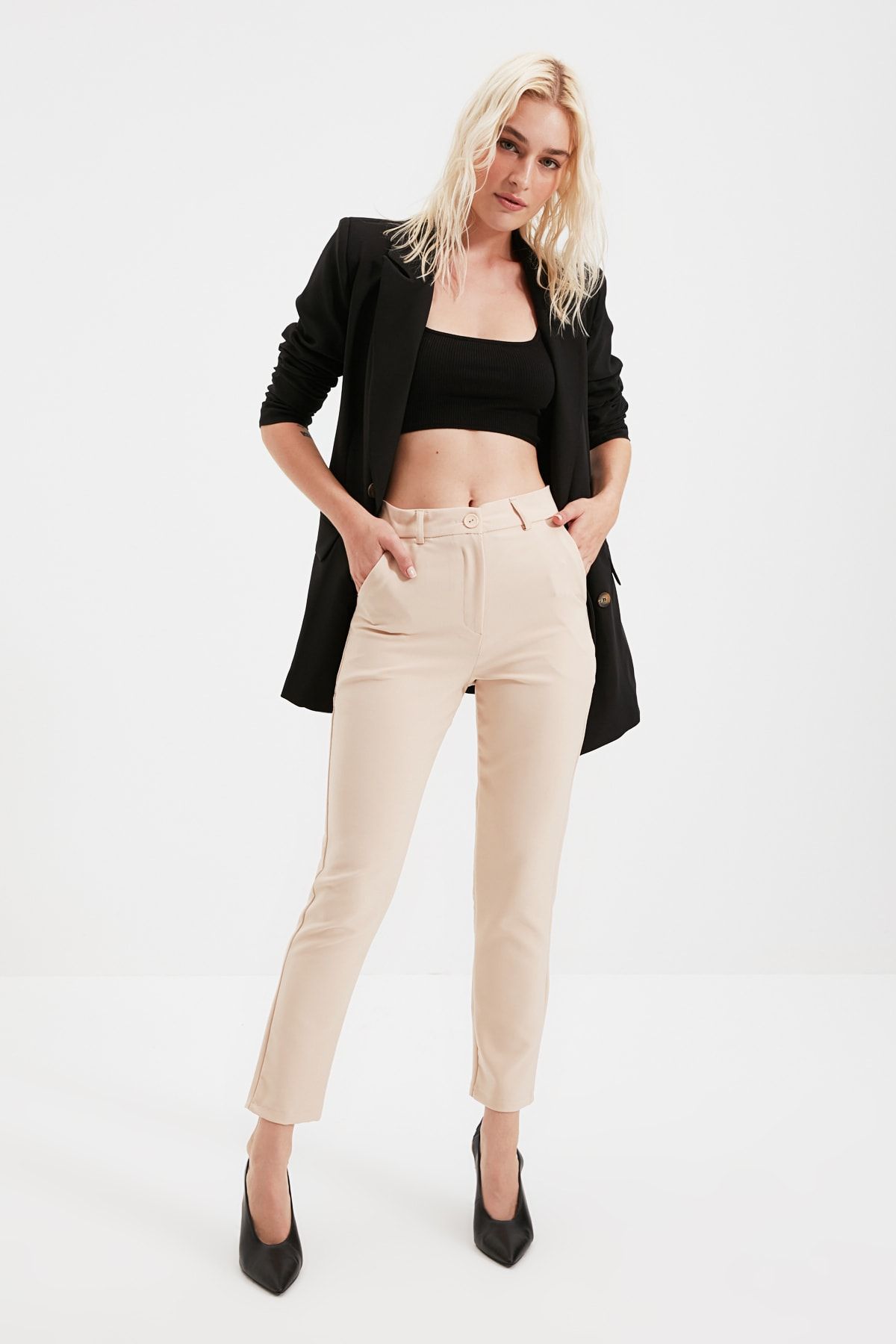 Trendyol Collection-TWOSS19ST0038 – Basic-Zigarettenhose in Steinfarbe – Webhose mit schmalem Bein 3
