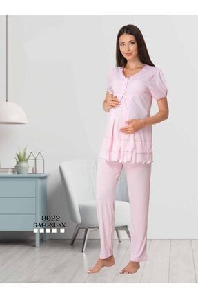 Kadın Pembe Kısa Kollu Geniş Yumuşacık Lohusa Hamile Pijama Takımı LEF8022