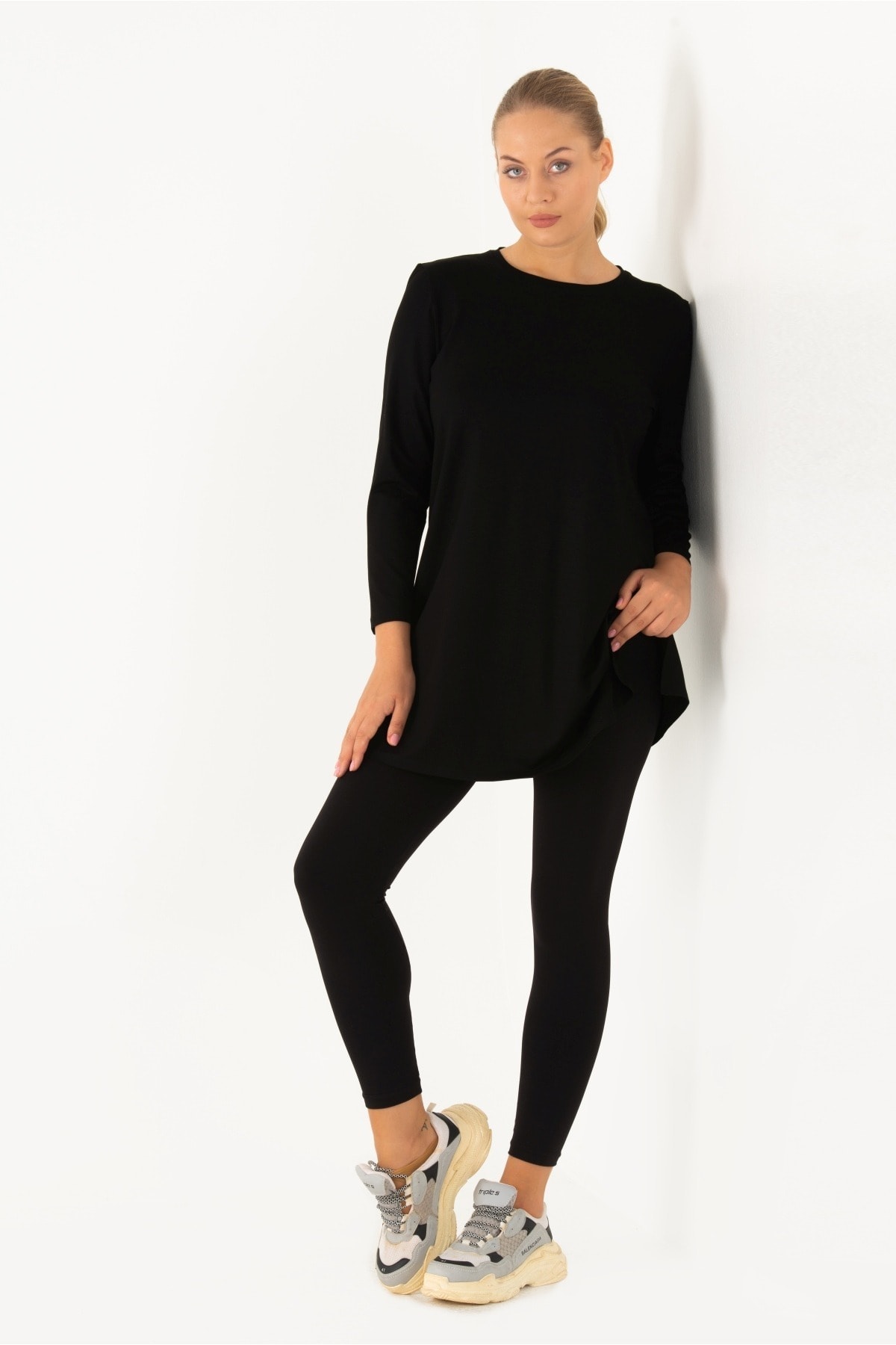 Flowist Kadın Büyük Beden Siyah Basic Likralı Tunik