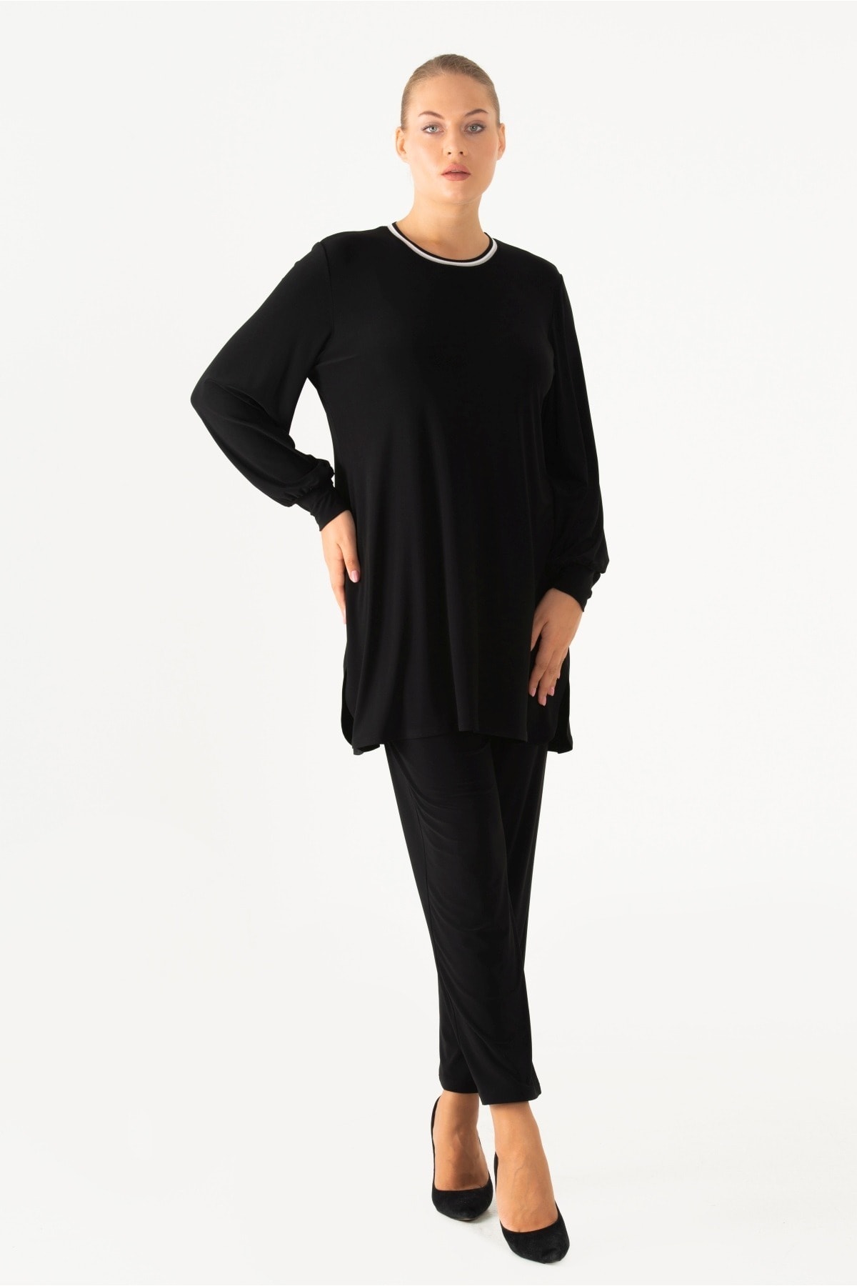 Flowist Kadın Büyük Beden Siyah Ribana Detaylı Sandy Takım