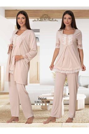 Effort Kadın Vizon Dantel Kollu Düğmeli Sabahlıklı 3'lü Set Lohusa Hamile Pijama Takımı LEF6034