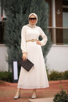 Kadın Tesettür Beyaz Danteli Astarlı Hasır Kemerli Elbise dantelli