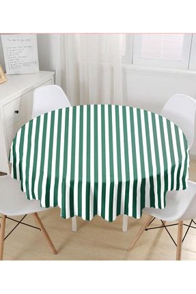 Yeşil Beyaz Düz Çizgi Tasarımlı Dijital Baskılı Modern Yuvarlak Masa Örtüsü - Çap 140cm MasaYuv-9404