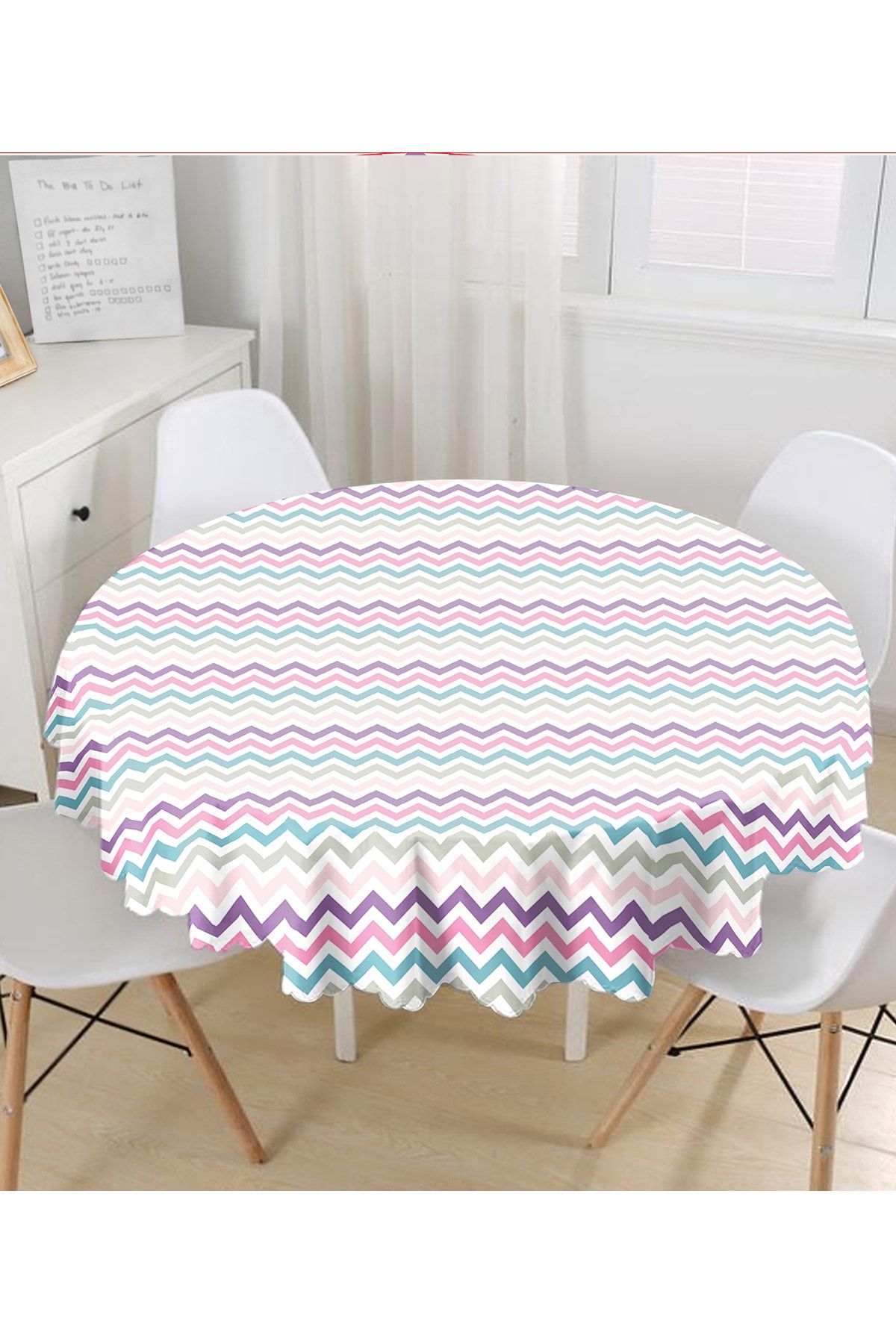 Realhomes Față De Masă Rotundă Cu Imprimare Digitală 3d Cu Design În Zig-zag Colorat Diametru 140 Cm - 140 x 140