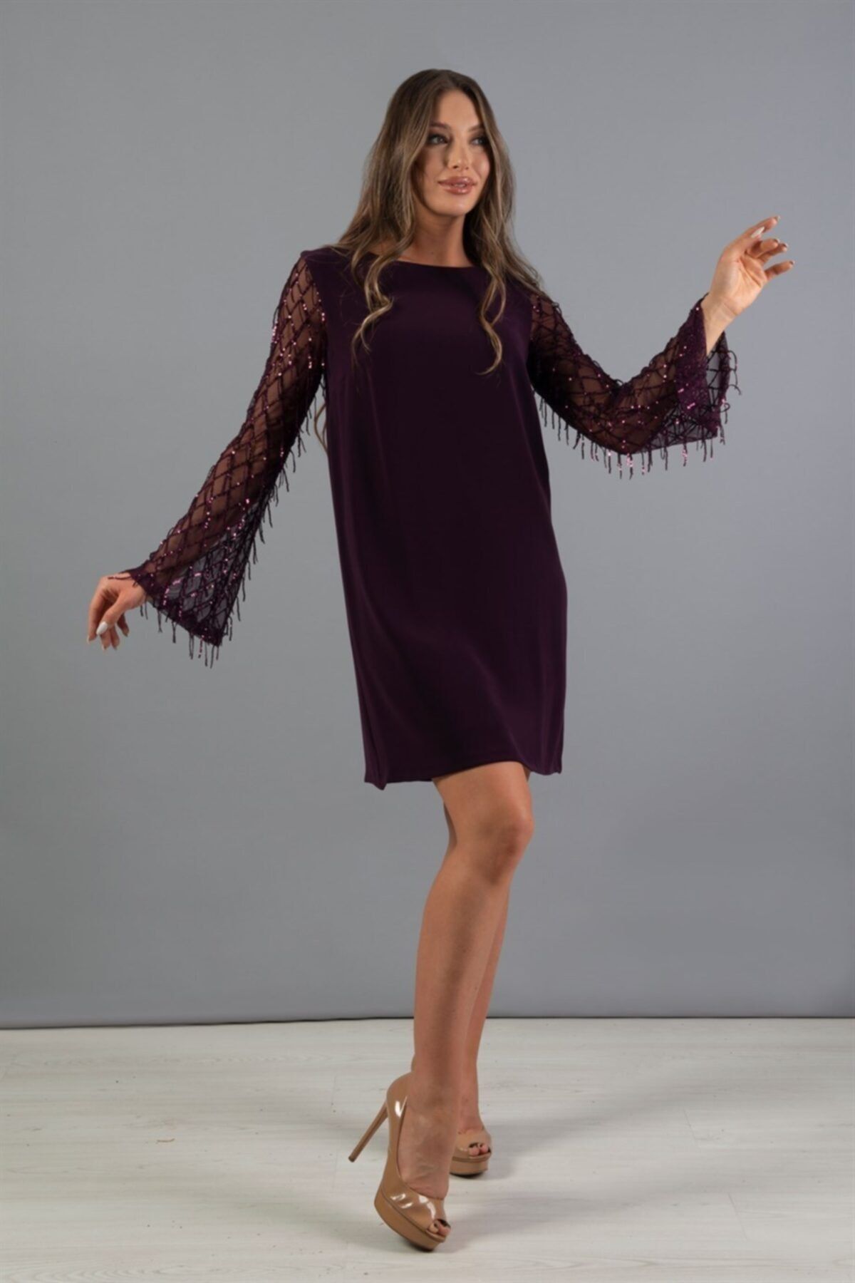 CARMEN Purple Sleeves Tassel Sequined Evening Dress Trendyol