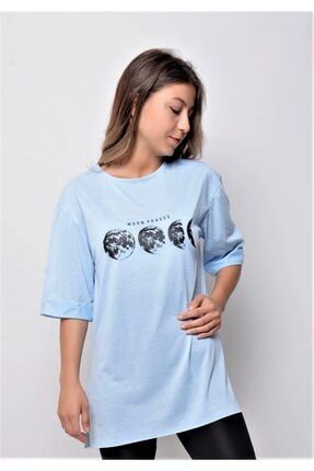 Kadın Mavi Moon Phases Baskılı Oversize T-shirt BASIC01