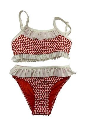 Beyaz Püsküllü Kırmızı Puantiyeli Kız Çocuk Bikini Takımı DFX234694