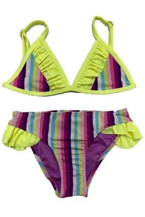 Gökkuşağı Çizgili Neon Sarı Fırfırlı Kız Çocuk Bikini Takımı DFX456342