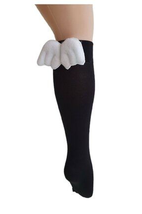 Daymod Melek Kanatlı Çocuk Dizaltı Çorap - Siyah Çorap Üzeri Beyaz Kanat CE296