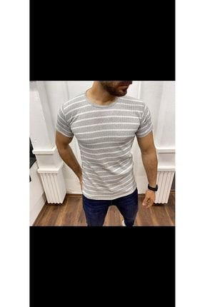 Unisex Gri Slim Fit Çizgili Model T-shirt tmtırtıkçizgi73