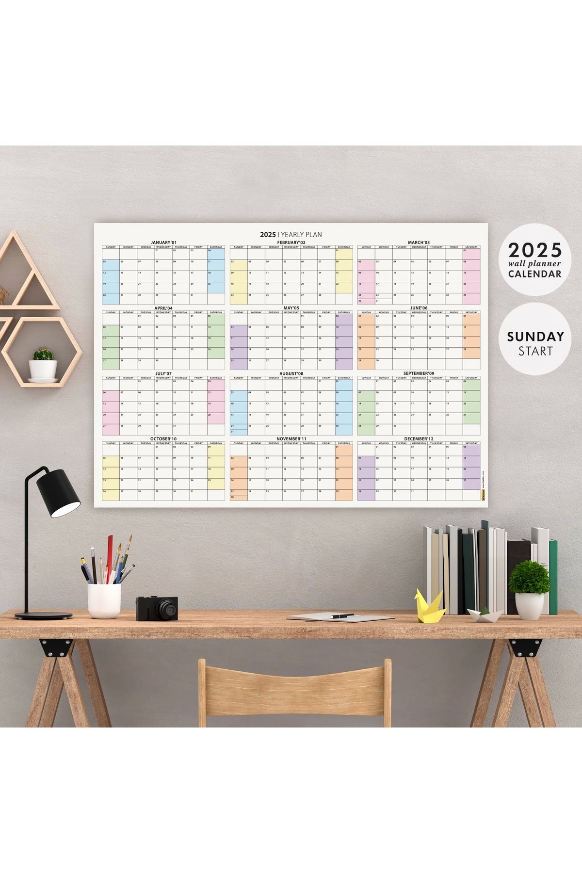 bi'aldım Amerikan Standardı 2025 Yıllık Planlayıcı Duvar Takvimi, United States Calendar, Gökkuşağı Renkler