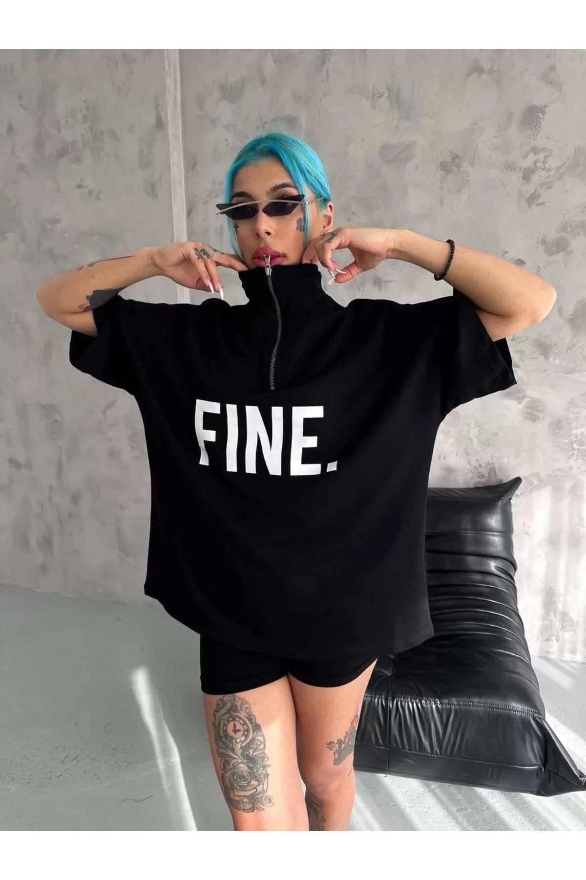 New Shine Unisex Baskılı Yarım Fermuarlı T-shirt - Siyah