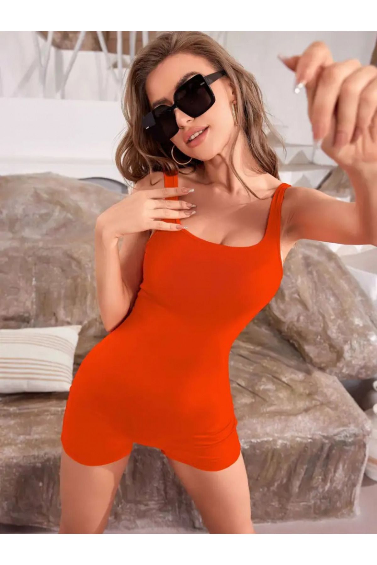 Home Kadın Kare Yaka Sırt Dekolte Detay Dalgıç Bodycon Mini Tulum