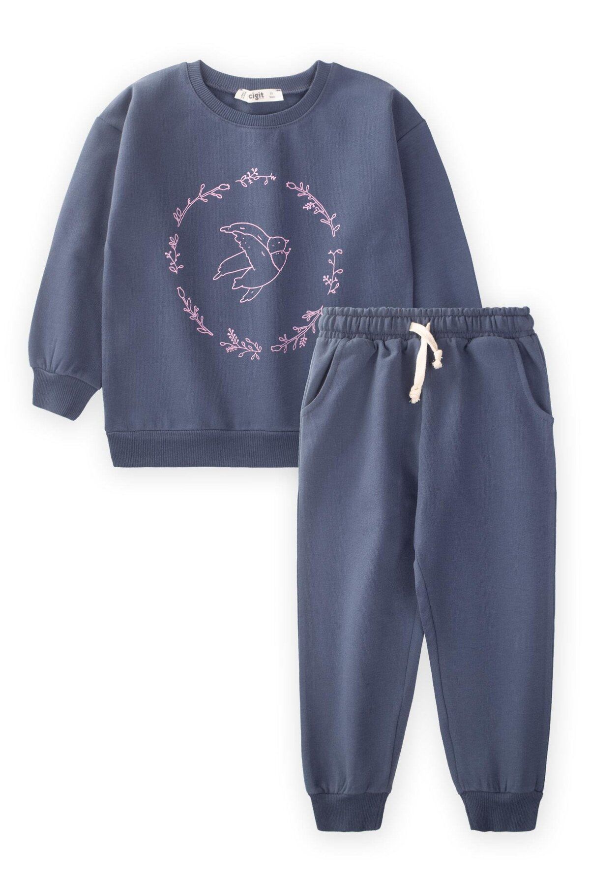 Cigit-Navy Blue Girl's Sweatshirt Set - Bird Printed, Age 2-10 1