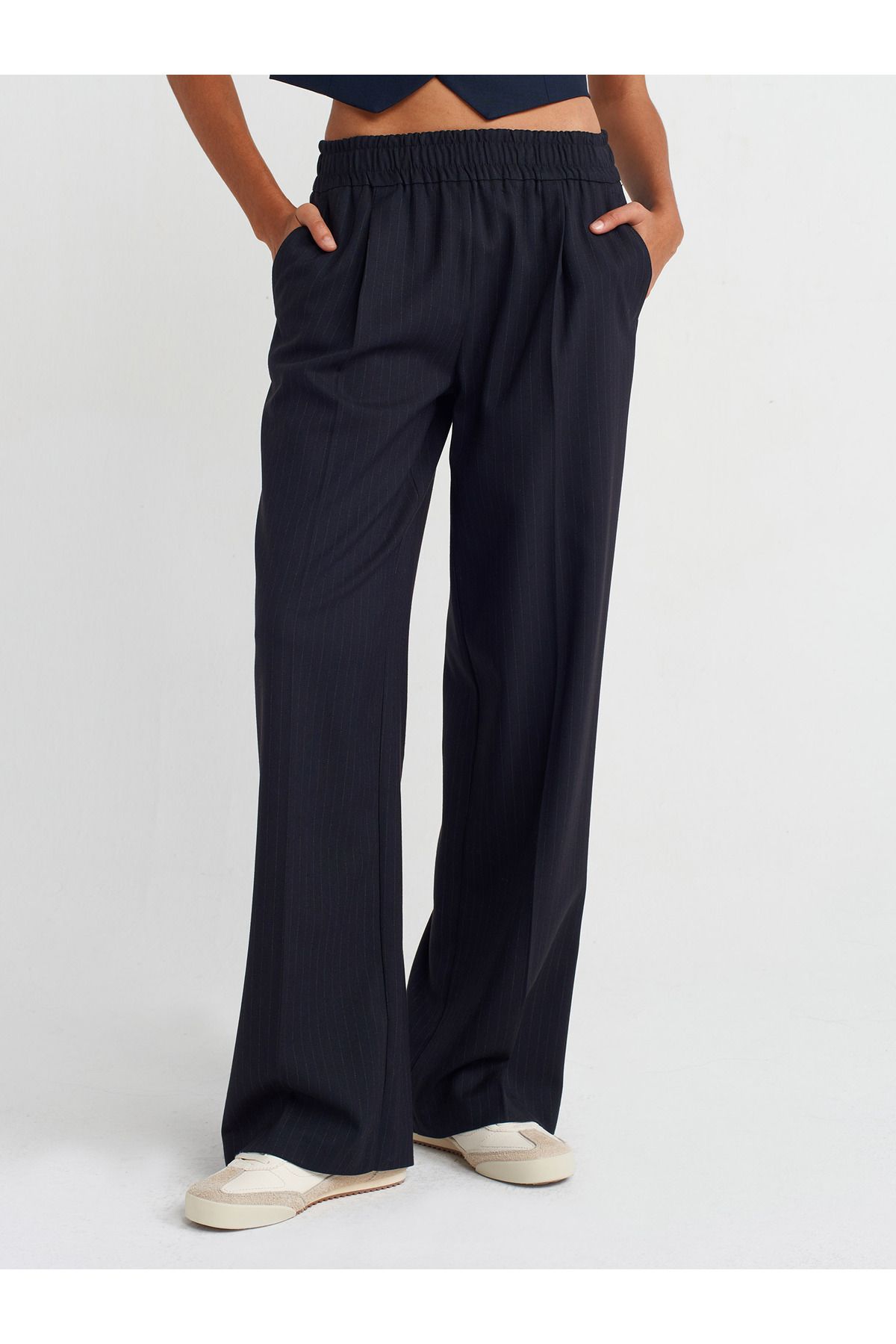 Dilvin-Navy Blue 71555 Striped Loose Trousers 3