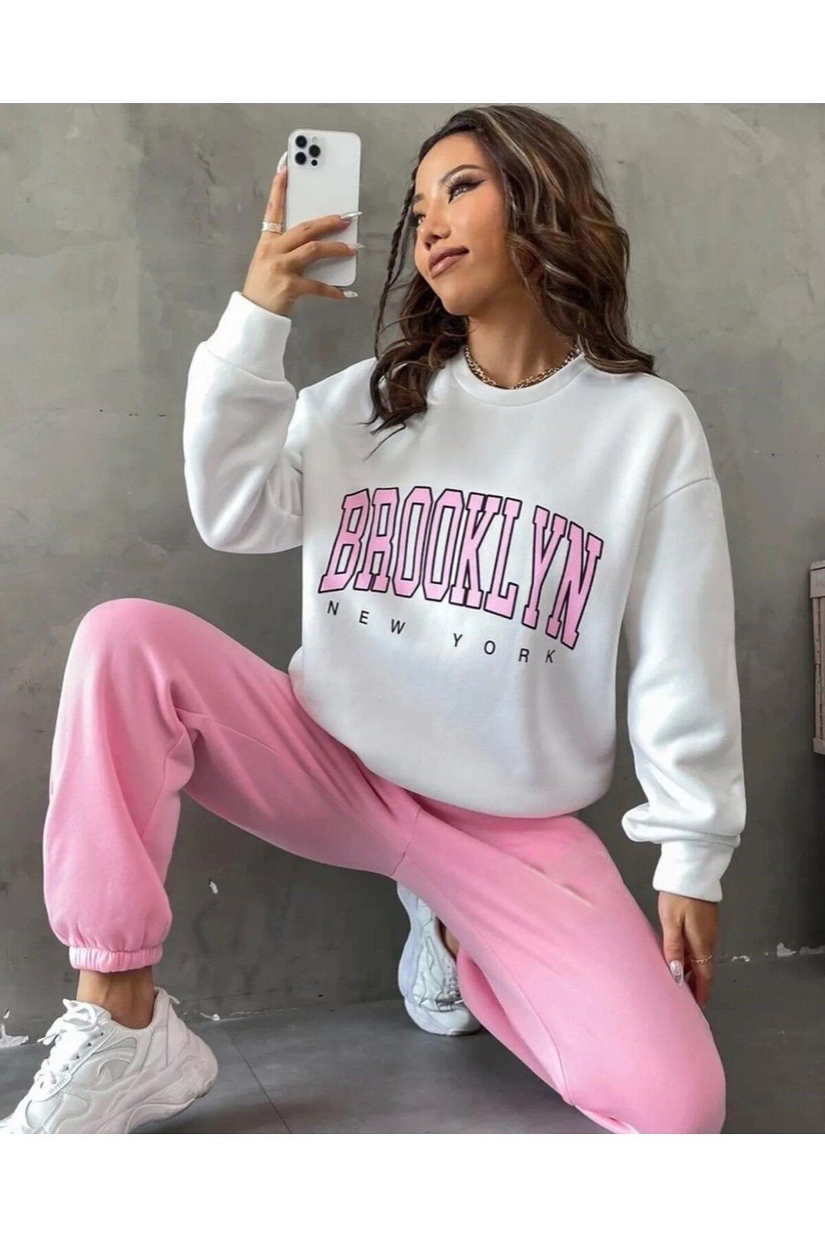 1001moda Kadın Bisiklet Yaka Brooklyn Baskılı üç Iplik Kumaş Sweat