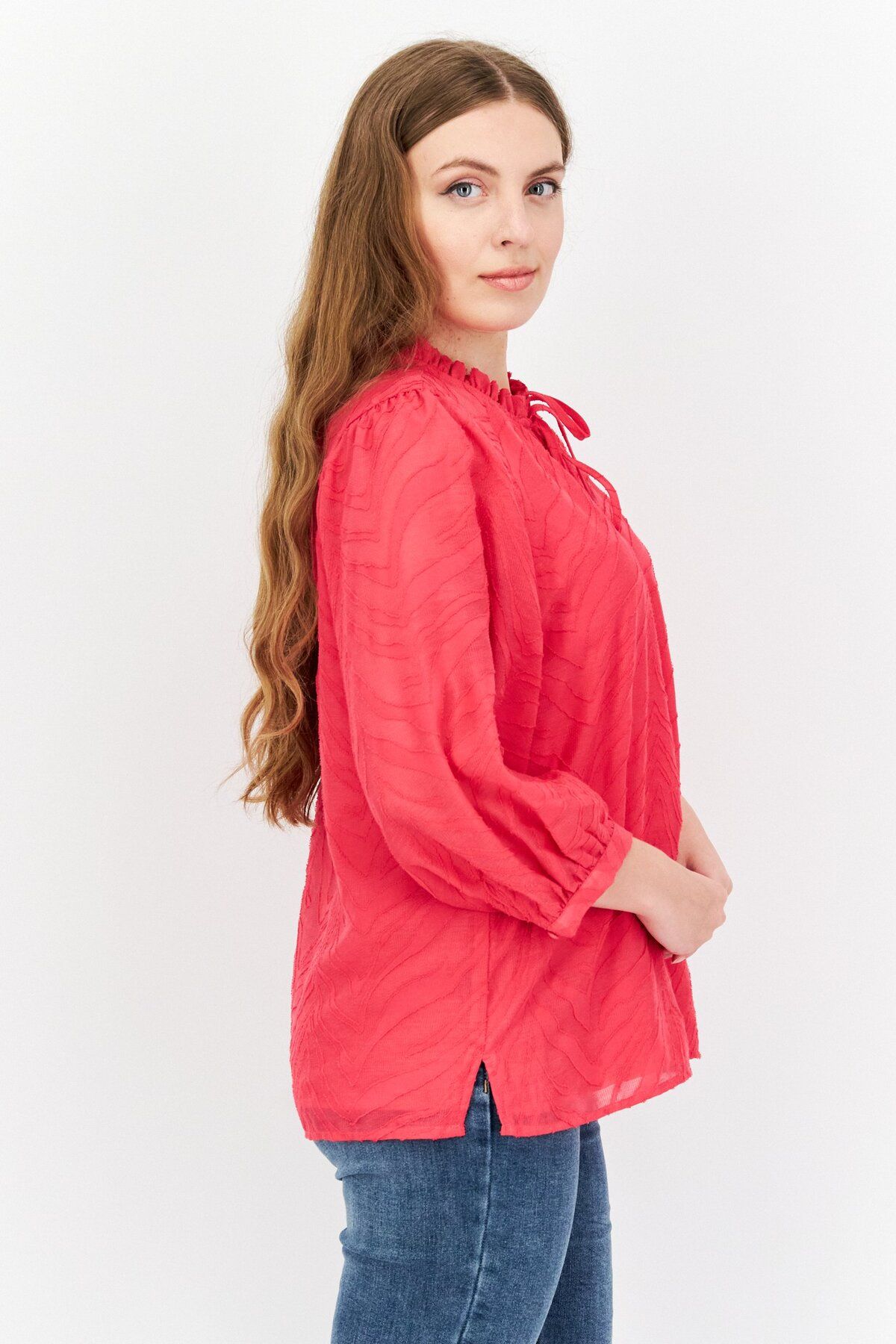 Vince Camuto-Women Tie Neckline 3/4 Sleeves Textured Top, Dark Pink 3