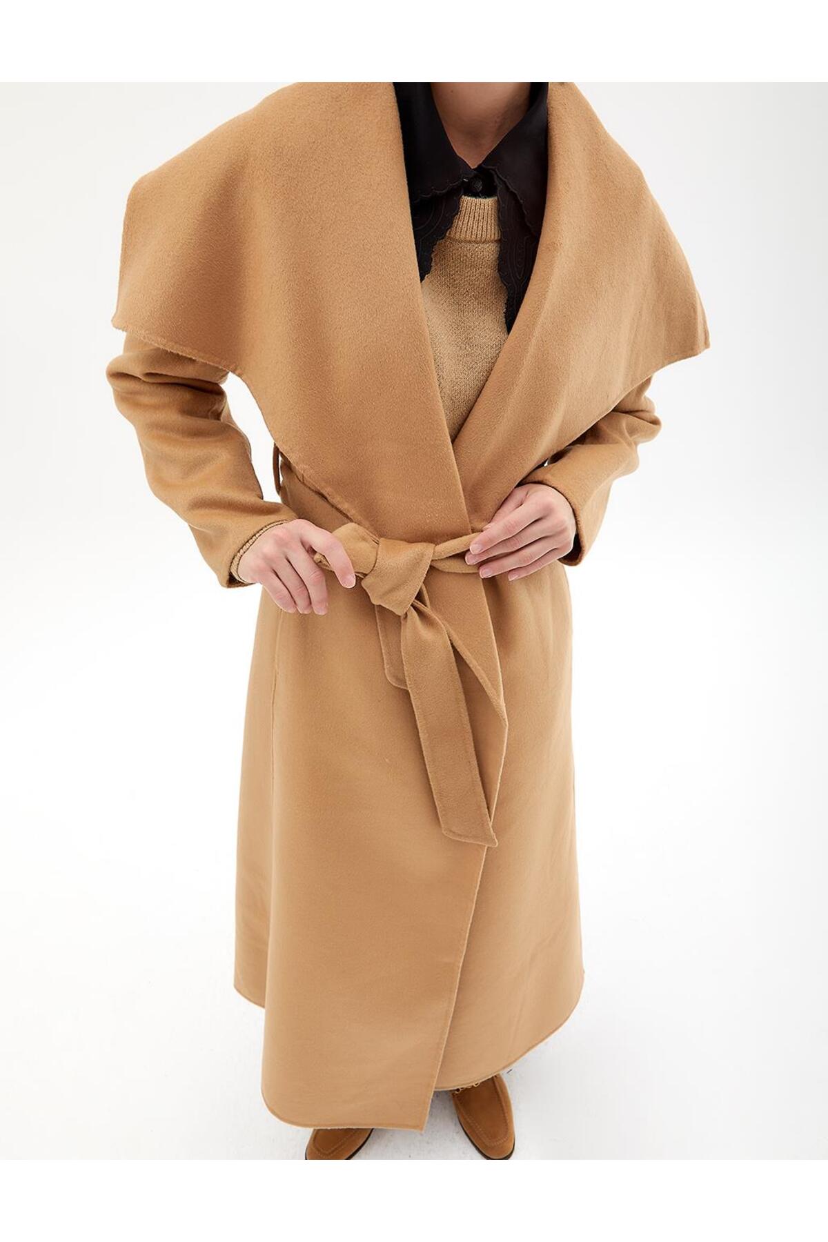 Kayra  Premium Yün Geniş Klapalı Kaşe Kaban Camel - Görsel 8